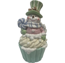 Figurină om de zăpadă pe suport de brioșă cu pălărie și acadea