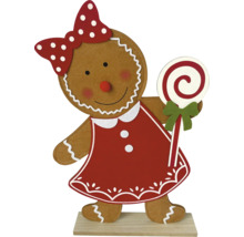 Figurină decorativă din turtă dulce cu fundă și acadea pe soclu de lemn