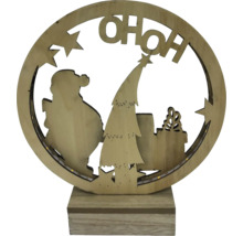 Lumină decorativă din lemn cu Moș Crăciun, brad de Crăciun, cadouri și inscripția ''OHOH''.