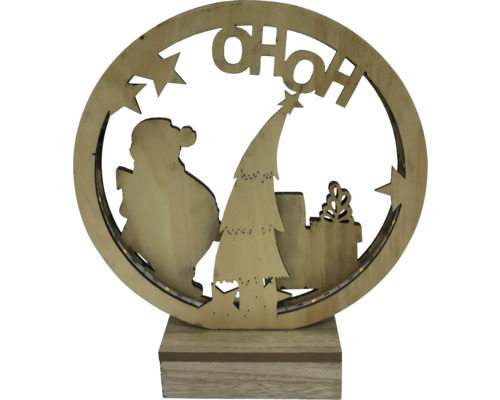 Lumină decorativă din lemn cu Moș Crăciun, brad de Crăciun, cadouri și inscripția ''OHOH''.