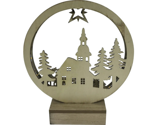 Lumină decorativă din lemn cu case și copaci pentru o atmosferă festivă