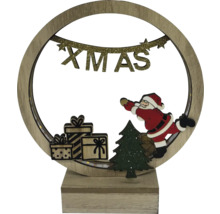 Lumină decorativă de Crăciun cu Moș Crăciun, cadouri, brad de Crăciun și cuvântul Crăciun într-un cadru din lemn