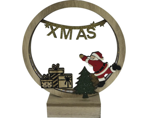 Lumină decorativă de Crăciun cu Moș Crăciun, cadouri, brad de Crăciun și cuvântul Crăciun într-un cadru din lemn