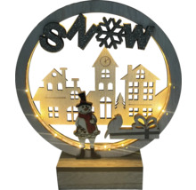 Glob decorativ de zăpadă din lemn cu om de zăpadă, case și iluminare