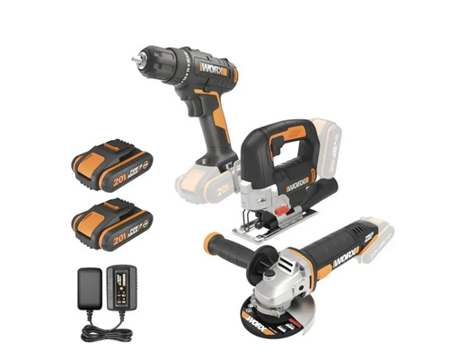 Set mașină de găurit și înșurubat Worx WX100 20V max. 30Nm și fierăstrău pendular WX543 20V max. 80mm și polizor unghiular Worx WX800 20V 115mm, incl. 2x2Ah acumulatori 1 încărcător și alte accesorii incluse