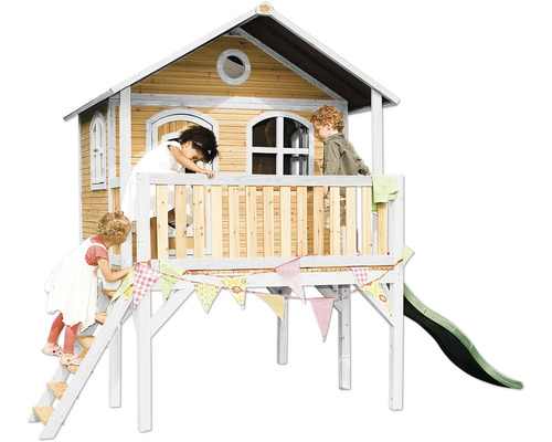 Căsuță de joacă din lemn cu tobogan și copii