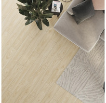 Living luminos cu podea laminată, canapea, covor și plantă de apartament