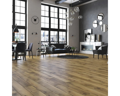 Living cu podea de lemn, canapea, șemineu și ferestre