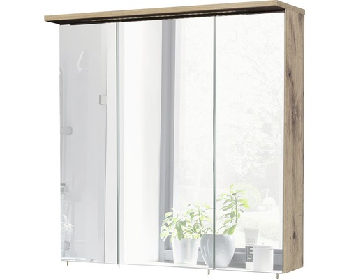 Dulap baie cu oglindă Profil16 70x72 cm PAL stejar natur 3 uşi iluminare LED Dulap cu oglindă cu trei uși și raft