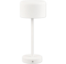 Lampă de masă albă cu abajur și bază rotundă