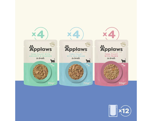 Applaws hrană pentru pisici multipack cu file de ton în supă, trei variante, în total douăsprezece bucăți