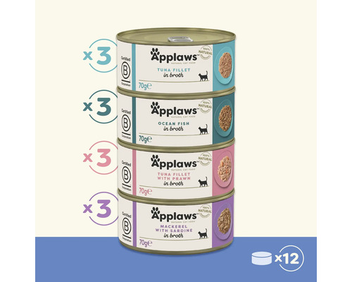 Pachet multiplu de hrană pentru pisici Applaws cu file de ton, pește oceanic, file de ton cu creveți și macrou cu sardine, conserve de 70 de grame, 24 de conserve în total