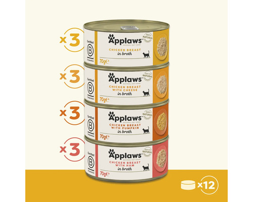 Hrană pentru pisici Applaws piept de pui în supă, cu brânză, dovleac și șuncă, cutii de 70 de grame, pachet de 12
