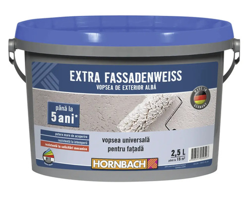 Vopsea pentru exterior Extra Fassadenweiss albă 2,5 l Recipient cu vopsea de fațadă pentru exterior, cu o capacitate de 2,5 litri