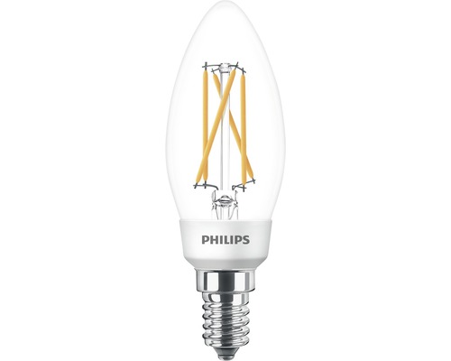 Bec LED Philips SceneSwitch E14 5W max. 470 lumeni, glob clar lumânare, 3 nuanțe de lumină