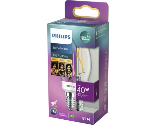 Bec LED Philips SceneSwitch cu soclu E14 în ambalaj