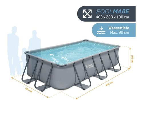 Piscină rectangulară cu cadru de oțel și dimensiunile de 400 x 200 x 100 centimetri