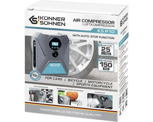 Ambalajul unui compresor de aer Könner Söhnen KS P10 pentru mașini, biciclete, motociclete și echipamente sportive