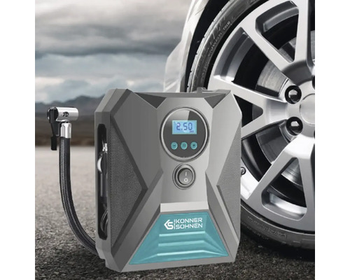 Pompă portabilă pentru anvelope lângă o anvelopă de mașină cu afișaj digital și logo IKONNER SÖHNEN