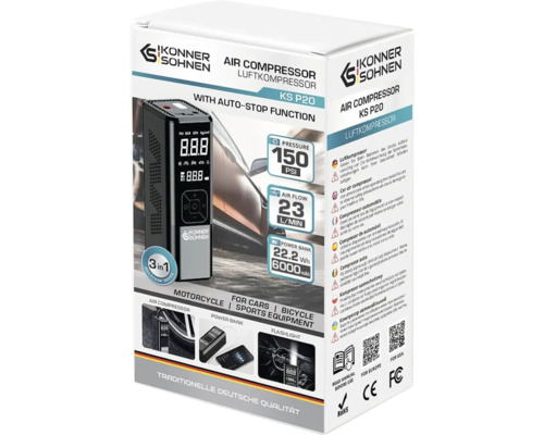 Compresor de aer Ikonner Söhnen KS P20 în cutie cu indicarea presiunii, a debitului de aer, a funcției de power bank și a domeniilor de aplicare