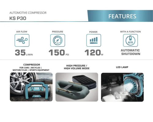 Compresor auto KS P30 cu funcții precum debitul de aer, presiunea, puterea, oprirea automată, lampă LED și potrivit pentru mașini, biciclete, motociclete și echipamente sportive