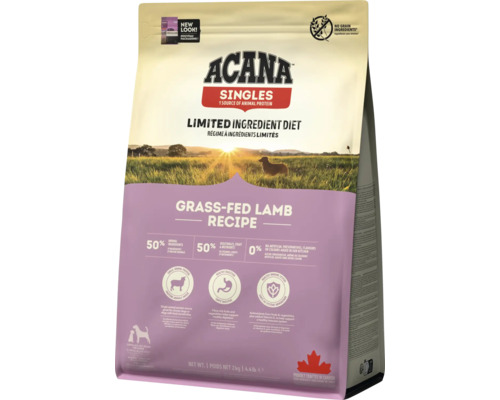Mâncare pentru câini Acana Singles cu rețetă de miel hrănit cu iarbă într-un ambalaj