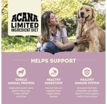 Hrana pentru câini Acana Limited Ingredient Diet susține proteinele animale, digestia sănătoasă și sistemul imunitar.