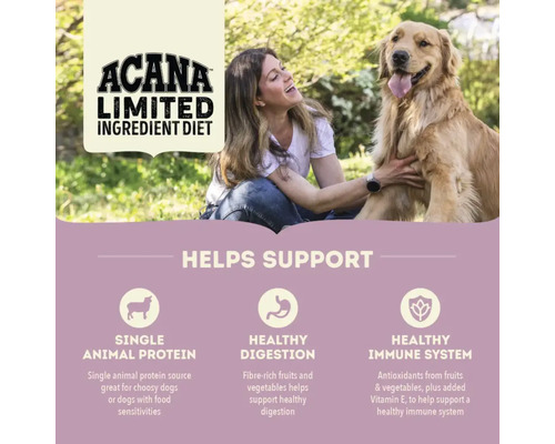 Hrana pentru câini Acana Limited Ingredient Diet susține proteinele animale, digestia sănătoasă și sistemul imunitar.