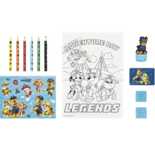 Set Paw Patrol cu creioane, pagină de colorat, autocolante, ștampilă și suport pentru ștampilă