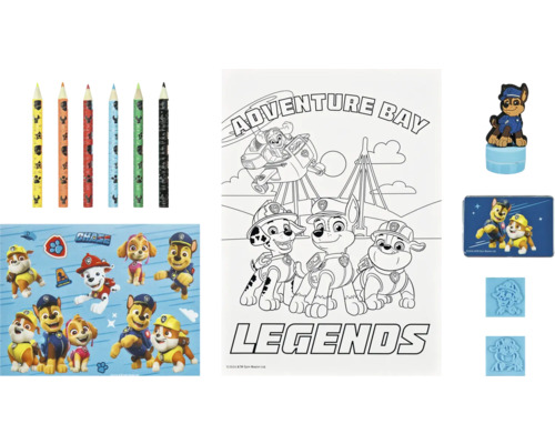 Set Paw Patrol cu creioane, pagină de colorat, autocolante, ștampilă și suport pentru ștampilă