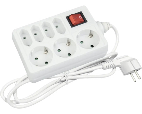 Prelungitor electric Entac 7 (4 + 3) prize 1,5m 3680W alb, cu întrerupător Bloc multipriză cu șase prize și un întrerupător
