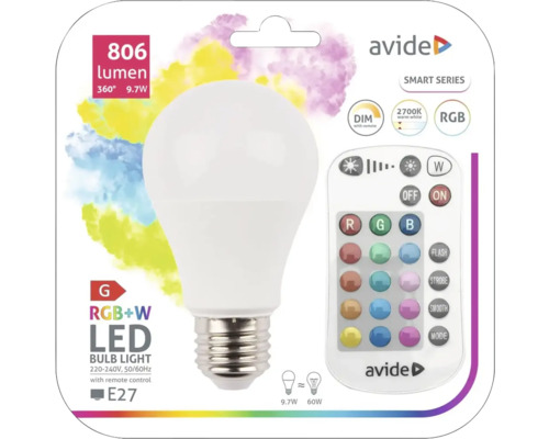 Bec Avide LED cu telecomandă, soclu E27, 806 lumeni
