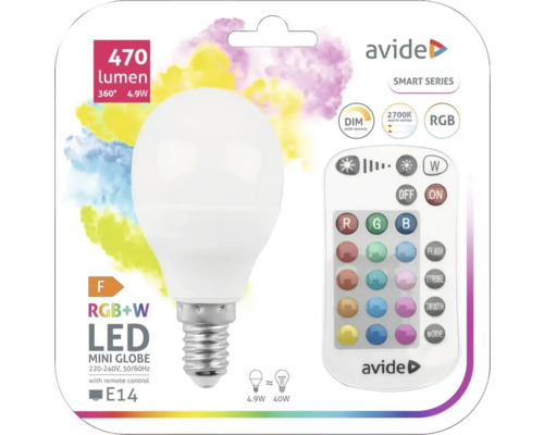 Logo Avide, mini bec glob LED cu soclu E14 și telecomandă