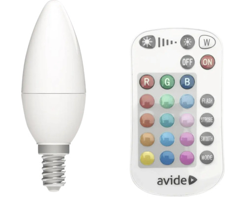 Bec LED RGBW Avide E14 4,9W 470 lumeni, glob mat lumânare, cu telecomandă