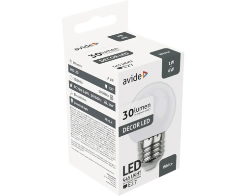 Bec LED Avide G45 1 W E27 în ambalaj