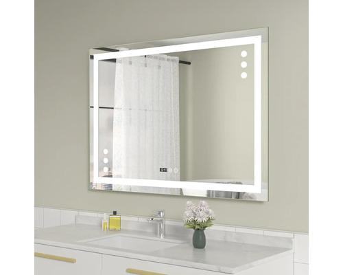 Oglindă baie cu LED, dezaburire și funcție Touch 100x70 cm IP44 100-20-3-3 Oglindă de baie dreptunghiulară cu iluminare LED pe un corp de chiuvetă alb