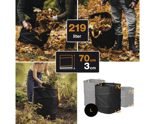 Sac de gunoi de grădină cu un volum de 219 litri și dimensiunile de 70 x 3 centimetri.