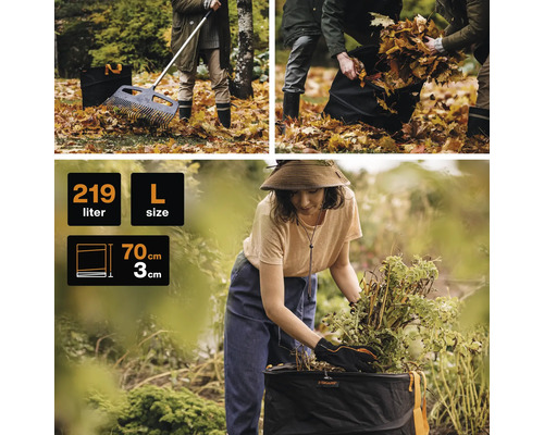 Grădinărit cu colector de frunze, greblă și sac de grădină cu un volum de 219 litri