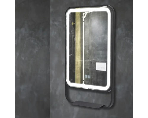 Oglindă dreptunghiulară cu iluminare cu leduri și raft de depozitare pentru baie