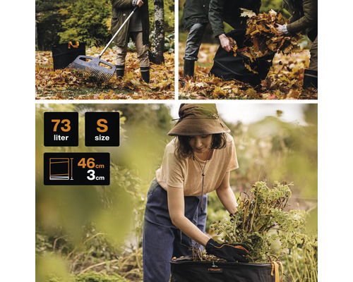 Mai multe persoane folosesc o greblă și un sac de grădină pentru a aduna frunzele. Sacul de grădină are o capacitate de 73 de litri și dimensiunea S. Dimensiunile sunt de 46 cm pe 3 cm.