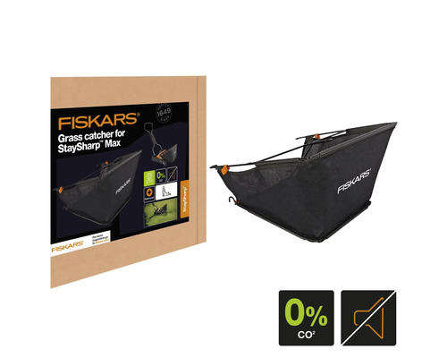 Coș colector de iarbă Fiskars pentru StaySharp Max cu simbol 0 procente CO2 și simbol silențios