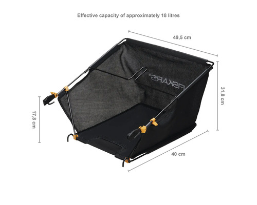 Colector de frunze Fiskars cu o capacitate de aproximativ 18 litri și dimensiuni de 49,5 x 31,8 x 40 cm