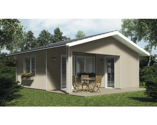 Casă de grădină cu terasă, ferestre și sistem solar în grădină.