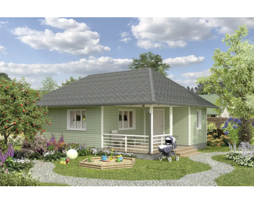 O casă parter cu verandă, groapă de nisip și amenajare peisagistică.