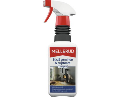 Soluție curățat sticlă, șeminee și cuptoare Mellerud 500ml Mellerud Soluție de curățat sticlă, șeminee și cuptoare în flacon cu pulverizator