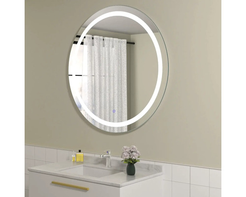 Baie cu oglindă rotundă cu iluminare LED deasupra chiuvetei