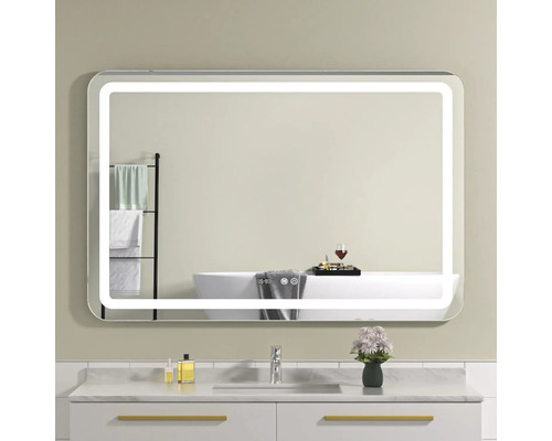 Oglindă baie cu LED, dezaburire și funcție Touch 100x70 cm IP44 100-9-3-3 Oglindă dreptunghiulară iluminată deasupra unei chiuvete într-o baie.