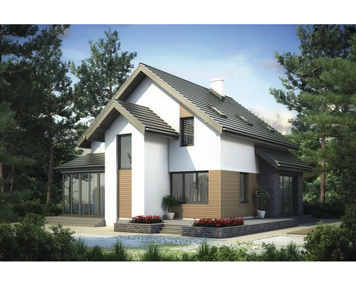 Imaginea unei case individuale cu două etaje și acoperiș în două ape, înconjurată de copaci