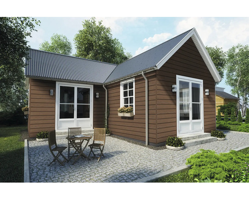 Cabină de grădină modernă cu terasă, zonă de relaxare și spațiu exterior verde.