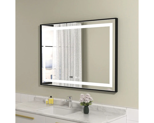 Oglindă baie cu LED, ramă neagră, funcție Touch 100x70 cm IP44 100-7-3K-3-N Oglindă dreptunghiulară iluminată cu ramă neagră deasupra unui lavoar de baie